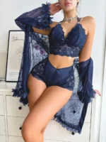 Sexy Lace 3-Piece Lingerie Set with 3D Floral Sheer Long Robe – Bridal Honeymoon Nightwear - Image 12