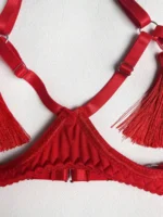 Red cut out tassel bra detail with adjustable straps and choker neckline