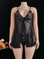 Contrast Lace Ruffle Trim Mesh Babydoll Sexy Lingerie Dress With Panty - Image 14