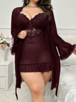 Plus Size Lace Nightgown Set – 3-Piece Cami Dress with Sheer Bell Sleeve Robe & Thong - Image 14