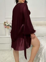 Plus Size Lace Nightgown Set – 3-Piece Cami Dress with Sheer Bell Sleeve Robe & Thong - Image 15