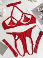 Red 3 piece cut out lingerie set with tassel bra, thong, and leg garters flat lay