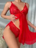 Contrast Lace Ruffle Trim Mesh Babydoll Sexy Lingerie Dress With Panty - Image 17