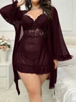 Plus Size Lace Nightgown Set – 3-Piece Cami Dress with Sheer Bell Sleeve Robe & Thong - Image 17