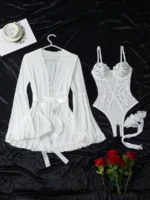 5-Piece Valentine’s Day Sexy Crotchless Bodysuit Set with Sheer Robe, Waist Belt & 1 Pairs of Thigh-High Socks - Image 32
