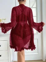 Sexy Lace 3-Piece Lingerie Set with 3D Floral Sheer Long Robe – Bridal Honeymoon Nightwear - Image 18