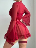 5-Piece Valentine’s Day Sexy Crotchless Bodysuit Set with Sheer Robe, Waist Belt & 1 Pairs of Thigh-High Socks - Image 3