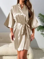 Elegant Satin Tie-Front Short Robe – Soft Silky Loungewear for Autumn & Winter - Image 16