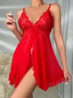 Contrast Lace Ruffle Trim Mesh Babydoll Sexy Lingerie Dress With Panty - Image 21