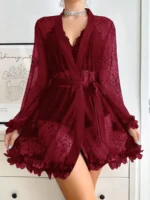 Sexy Lace 3-Piece Lingerie Set with 3D Floral Sheer Long Robe – Bridal Honeymoon Nightwear - Image 21
