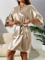 Elegant Satin Tie-Front Short Robe – Soft Silky Loungewear for Autumn & Winter - Image 17