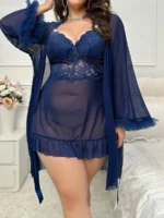 Plus Size Lace Nightgown Set – 3-Piece Cami Dress with Sheer Bell Sleeve Robe & Thong - Image 22