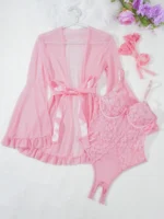 5-Piece Valentine’s Day Sexy Crotchless Bodysuit Set with Sheer Robe, Waist Belt & 1 Pairs of Thigh-High Socks - Image 17