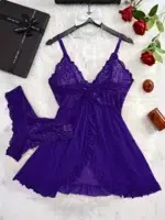 Contrast Lace Ruffle Trim Mesh Babydoll Sexy Lingerie Dress With Panty - Image 25