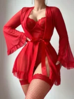 5-Piece Valentine’s Day Sexy Crotchless Bodysuit Set with Sheer Robe, Waist Belt & 1 Pairs of Thigh-High Socks - Image 20