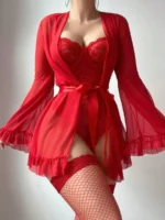 5-Piece Valentine’s Day Sexy Crotchless Bodysuit Set with Sheer Robe, Waist Belt & 1 Pairs of Thigh-High Socks - Image 21