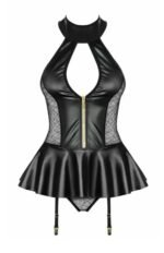 Black faux leather teddy lingerie flat lay front with zipper, sheer mesh sides, and garter straps