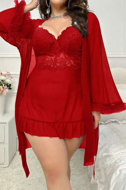 Plus Size Lace Nightgown Set – 3-Piece Cami Dress with Sheer Bell Sleeve Robe & Thong