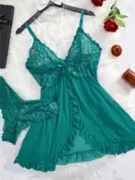 Contrast Lace Ruffle Trim Mesh Babydoll Sexy Lingerie Dress With Panty - Image 31