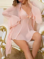 Lace Babydoll & Sheer Ruffle Robe Set – Romantic 2-Piece Mesh Sleepwear - Image 35