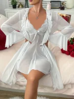 Lace Babydoll & Sheer Ruffle Robe Set – Romantic 2-Piece Mesh Sleepwear - Image 36