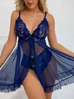 Contrast Lace Ruffle Trim Mesh Babydoll Sexy Lingerie Dress With Panty - Image 38