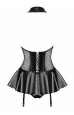 Back view of black faux leather teddy lingerie with lace-up back and garter straps