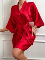 Elegant Satin Tie-Front Short Robe – Soft Silky Loungewear for Autumn & Winter - Image 11