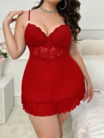 Plus Size Lace Nightgown Set – 3-Piece Cami Dress with Sheer Bell Sleeve Robe & Thong - Image 5