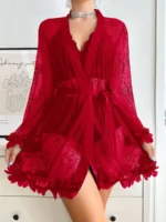 Sexy Lace 3-Piece Lingerie Set with 3D Floral Sheer Long Robe – Bridal Honeymoon Nightwear - Image 5