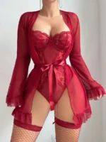 5-Piece Valentine’s Day Sexy Crotchless Bodysuit Set with Sheer Robe, Waist Belt & 1 Pairs of Thigh-High Socks - Image 5
