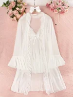 Lace Babydoll & Sheer Ruffle Robe Set – Romantic 2-Piece Mesh Sleepwear - Image 41