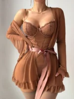 5-Piece Valentine’s Day Sexy Crotchless Bodysuit Set with Sheer Robe, Waist Belt & 1 Pairs of Thigh-High Socks - Image 38