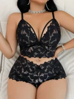 Plus Size Sexy Hollow Out Lace Bralette & Panty Lingerie Set - Image 16