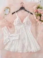 Contrast Lace Ruffle Trim Mesh Babydoll Sexy Lingerie Dress With Panty - Image 49