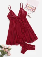 Contrast Lace Ruffle Trim Mesh Babydoll Sexy Lingerie Dress With Panty - Image 6