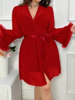 Plus Size Lace Nightgown Set – 3-Piece Cami Dress with Sheer Bell Sleeve Robe & Thong - Image 6