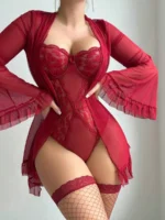 5-Piece Valentine’s Day Sexy Crotchless Bodysuit Set with Sheer Robe, Waist Belt & 1 Pairs of Thigh-High Socks - Image 6