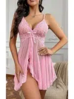 Contrast Lace Ruffle Trim Mesh Babydoll Sexy Lingerie Dress With Panty - Image 52