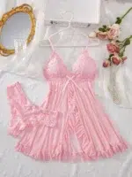 Contrast Lace Ruffle Trim Mesh Babydoll Sexy Lingerie Dress With Panty - Image 53