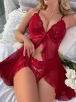 Contrast Lace Ruffle Trim Mesh Babydoll Sexy Lingerie Dress With Panty - Image 7