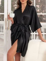 Elegant Satin Tie-Front Short Robe – Soft Silky Loungewear for Autumn & Winter
