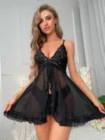 Contrast Lace Ruffle Trim Mesh Babydoll Sexy Lingerie Dress With Panty - Image 8