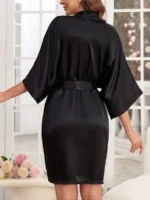 Elegant Satin Tie-Front Short Robe – Soft Silky Loungewear for Autumn & Winter - Image 3