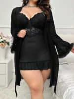 Plus Size Lace Nightgown Set – 3-Piece Cami Dress with Sheer Bell Sleeve Robe & Thong - Image 8