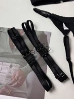 Black double strap leg garters with metal ring detail for lingerie styling