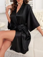 Elegant Satin Tie-Front Short Robe – Soft Silky Loungewear for Autumn & Winter - Image 4
