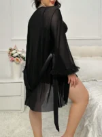 Plus Size Lace Nightgown Set – 3-Piece Cami Dress with Sheer Bell Sleeve Robe & Thong - Image 9