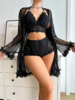 Sexy Lace 3-Piece Lingerie Set with 3D Floral Sheer Long Robe – Bridal Honeymoon Nightwear - Image 9