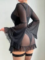 5-Piece Valentine’s Day Sexy Crotchless Bodysuit Set with Sheer Robe, Waist Belt & 1 Pairs of Thigh-High Socks - Image 9